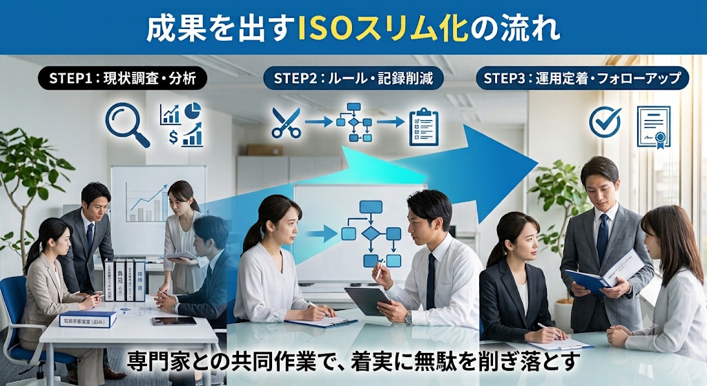 現状調査・分析、ルール・記録削減、運用定着・フォローアップの3ステップ