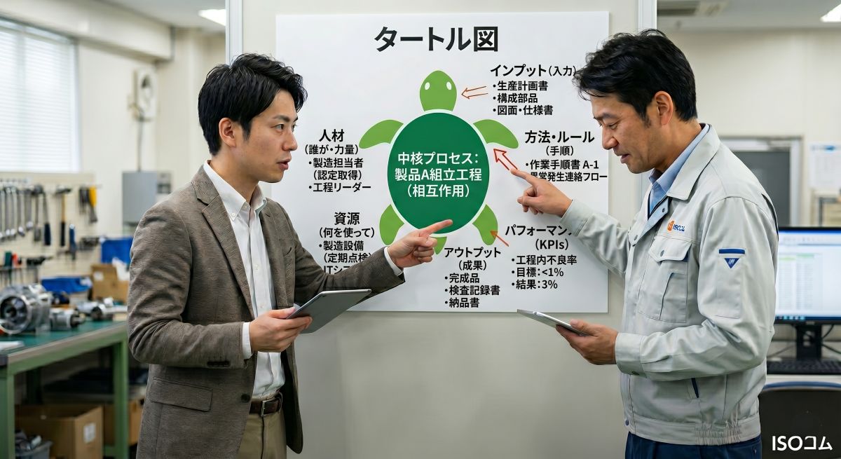 タートル図を見て話合う二人