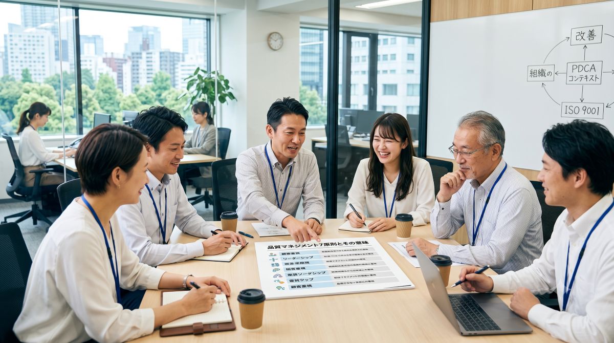 品質マネジメント7原則を話合う社員